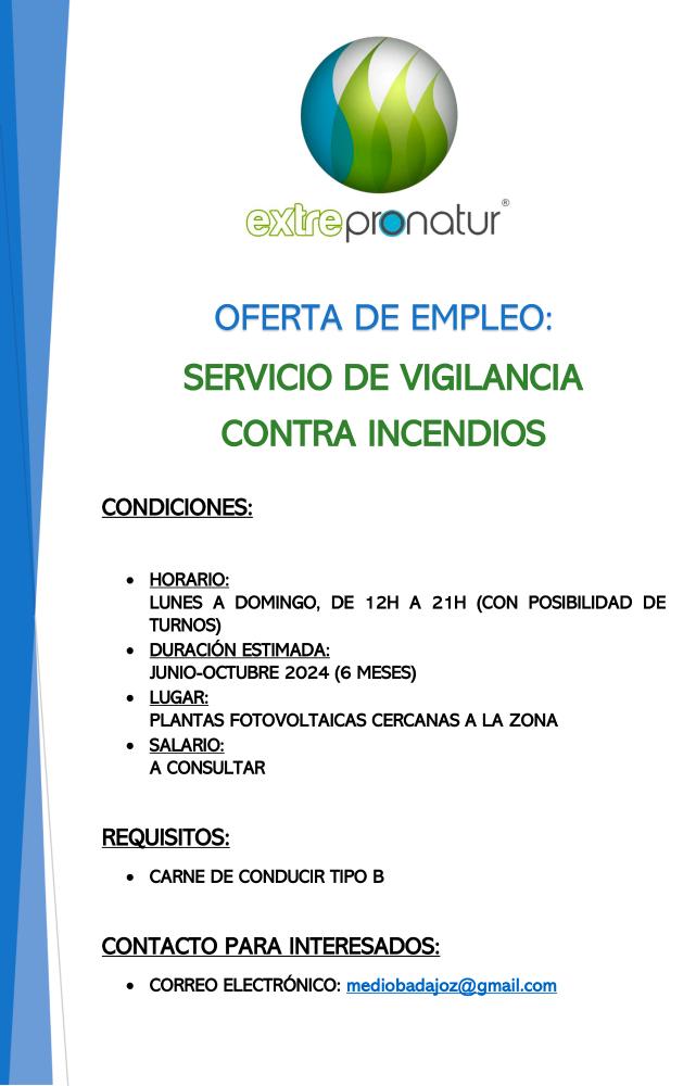 Imagen OFERTA DE EMPLEO. Servicio de vigilancia contra incendios en planta fotovoltaica de Logrosán