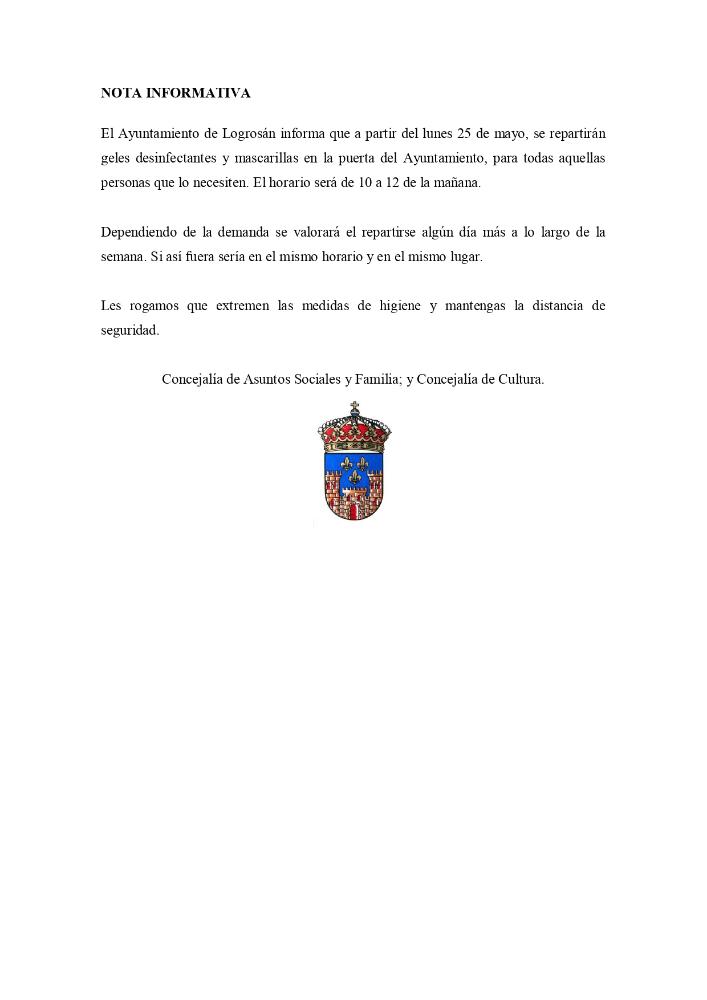 Imagen Nota Informativa sobre el Reparto de Geles Desinfectantes y Mascarillas