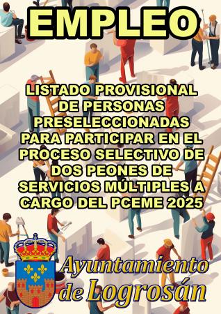 Imagen LISTADO PROVISIONAL DE PERSONAS PRESELECCIONADAS PARA PARTICIPAR EN EL PROCESO SELECTIVO DE DOS PEONES DE SERVICIOS MÚLTIPLES A CARGO DEL PCEME 2025