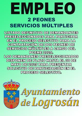 Imagen LISTADO DEFINITIVO DE DEMANDANTES PRESELECCIONADOS PARA PARTICIPAR EN EL PROCESO SELECTIVO PARA LA CONTRATACIÓN DE DOS PEONES DE SERVICIOS MÚLTIPLES A CARGO DEL PCEME 2025. LOS DEMANDANES PRESELECCIONADOS DISPONEN DE PLAZO HASTA EL 30 DE MAYO DE 2025 PARA PRESENTAR SOLICITUD DE PARTICIPACIÓN EN EL PROCESO SELECTIVO.