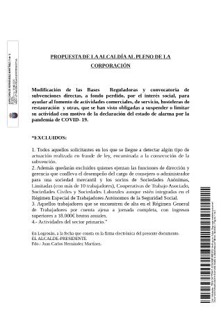 Imagen Bases Reguladoras y convocatoria de subvenciones directas, a fondo perdido, por el interés social, para ayudar al fomento de actividades comerciales, de servicio, hosteleras de restauración y otras, que se han visto obligadas a suspender o limitar su actividad con motivo de la declaración del estado de alarma por la pandemia de COVID- 19.